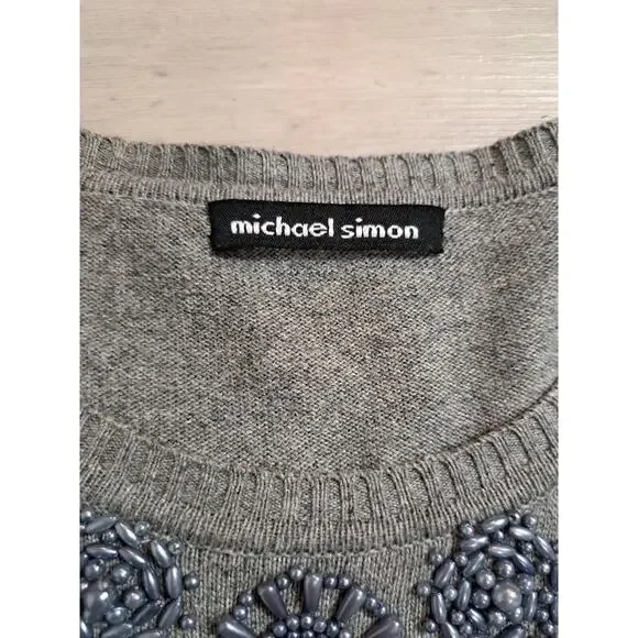 Michael Simon Womens Sz L Henley Sweater Silk Cashmere Gray Embellished Thermal - Picture 9 of 11